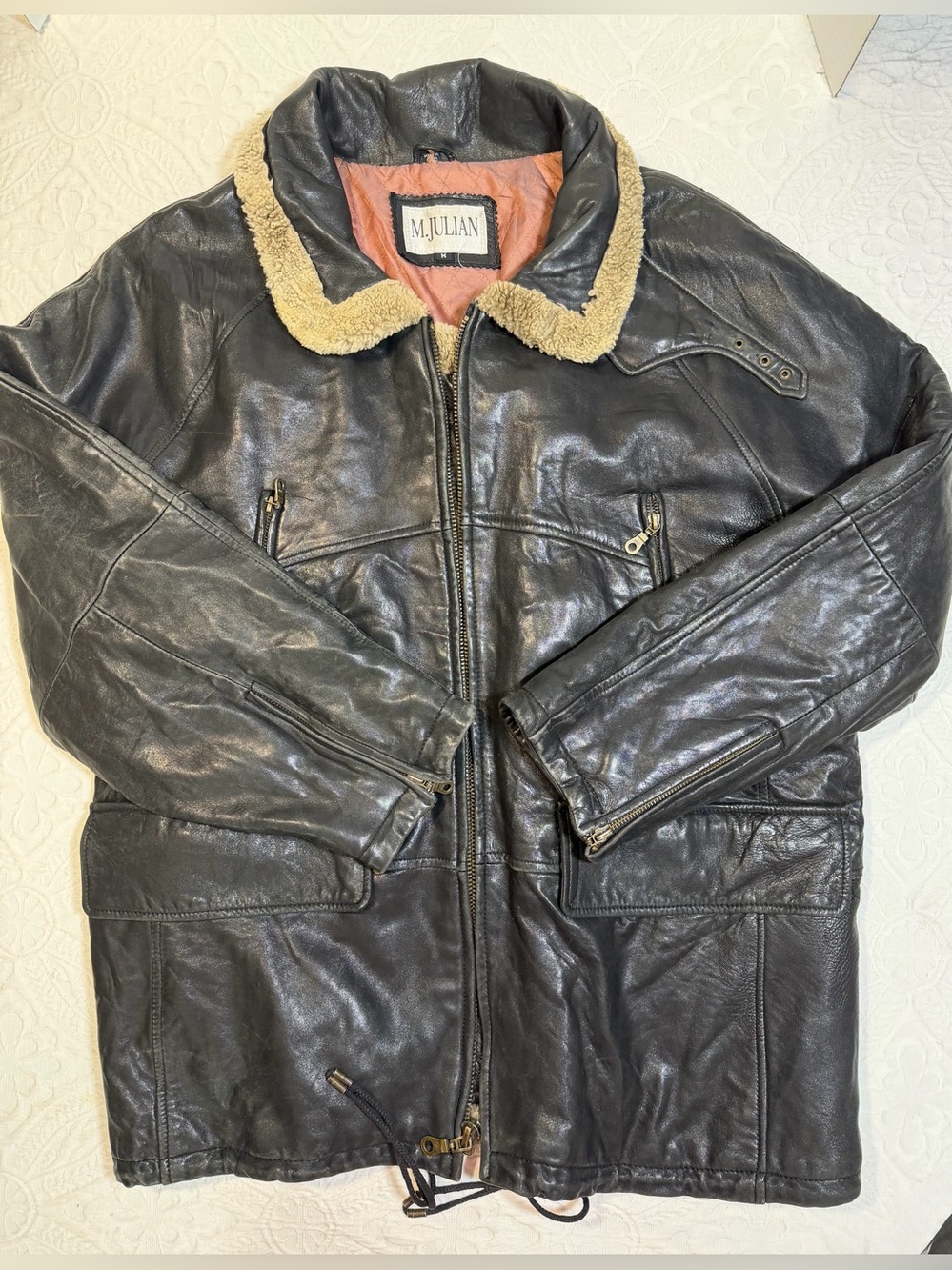 Vintage Men's Black Leather Heavy Jacket Genuine Mouton Trim Relaxed M 48” Chest